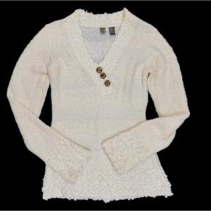 BKE V-neck Knit Sweater Women Large Bronze Button Accent Off White Beige Neutral